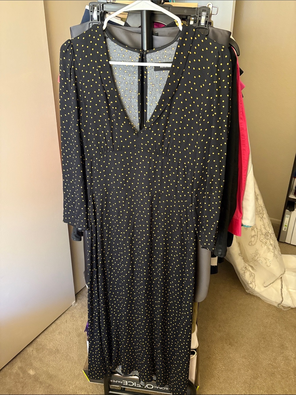 Reformation Black Maxi Dress with Yellow Dot Print